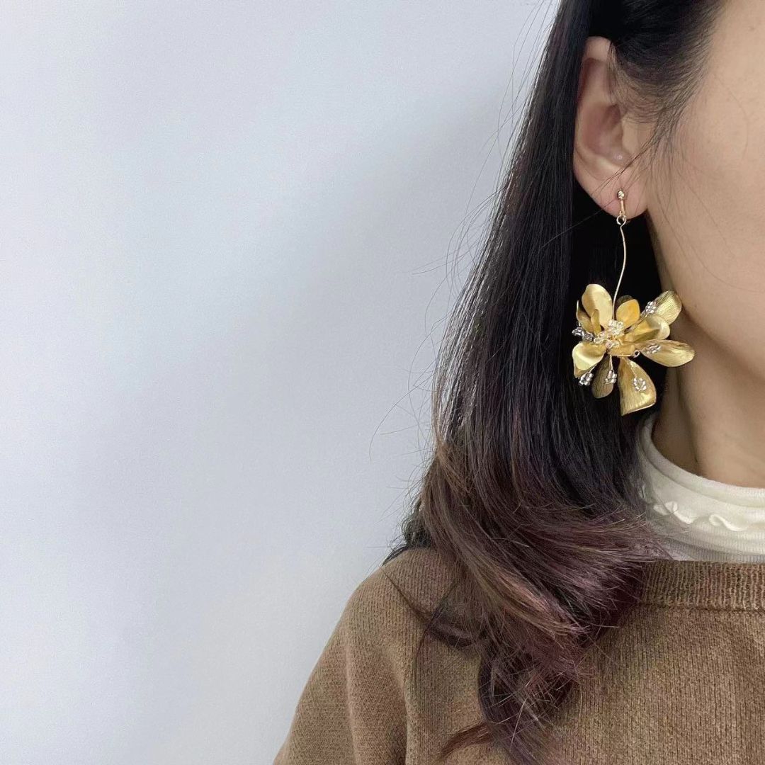 Big Gold Flower Pearl Long Dangle Earrings | Long Flower Earrings with Freshwater Pearl Drop