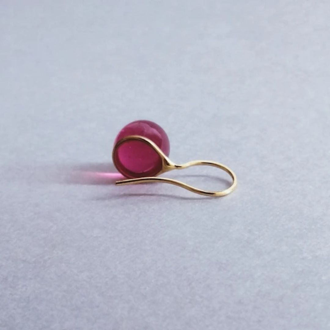 Japanese glass artist Handcrafted round glass drop earrings in fuchsia pink color made with 23K gold vermeil.