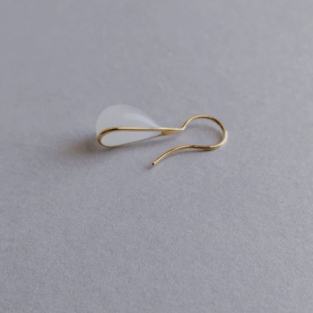 Japanese Artist Handcrafted Glass Teardrop Earrings in White made of 23K Gold Vermeil.