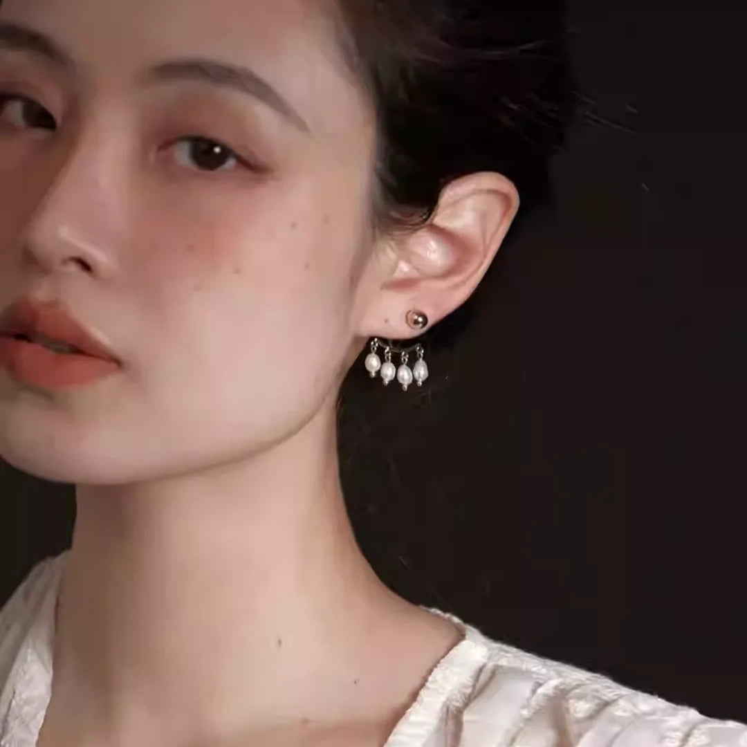 Model wearing French style pearl ear jackets with S925 silver needle 2