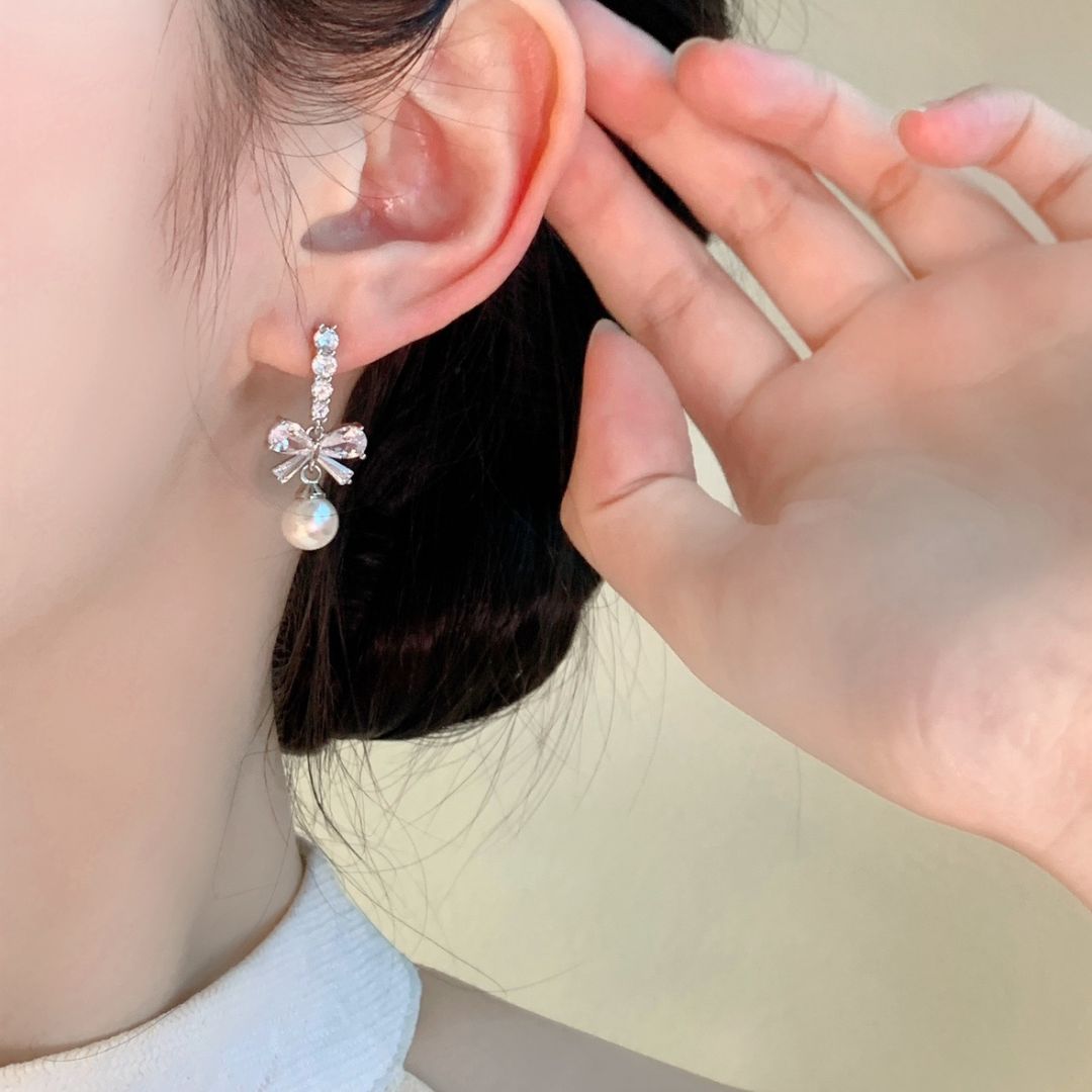 Dainty Petite Diamond Bow Earrings with Pearl