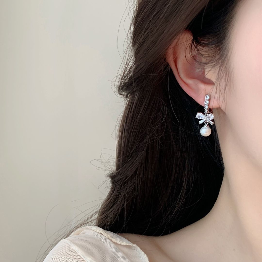 Dainty Petite Diamond Bow Earrings with Pearl