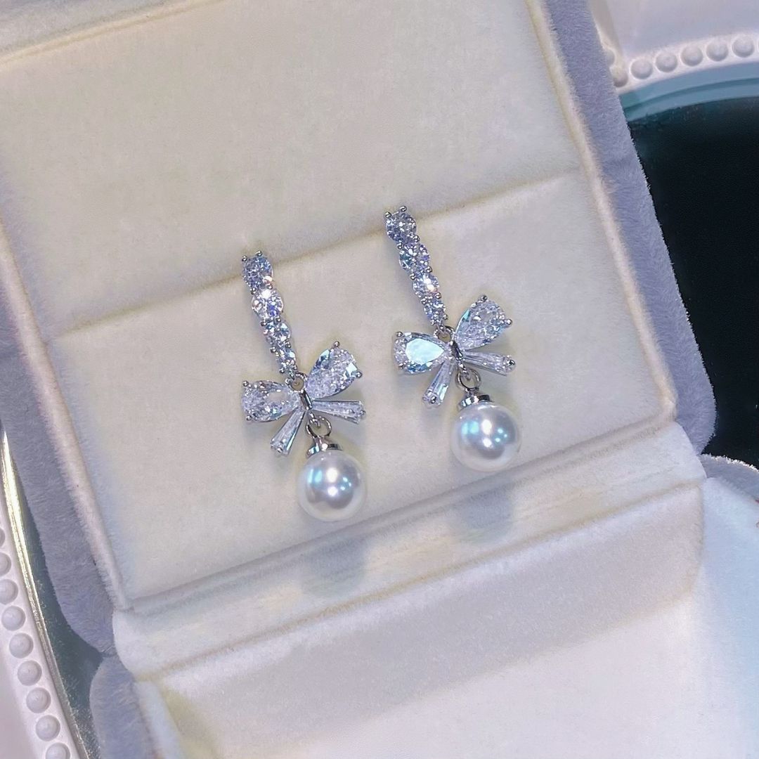 Dainty Petite Diamond Bow Earrings with Pearl