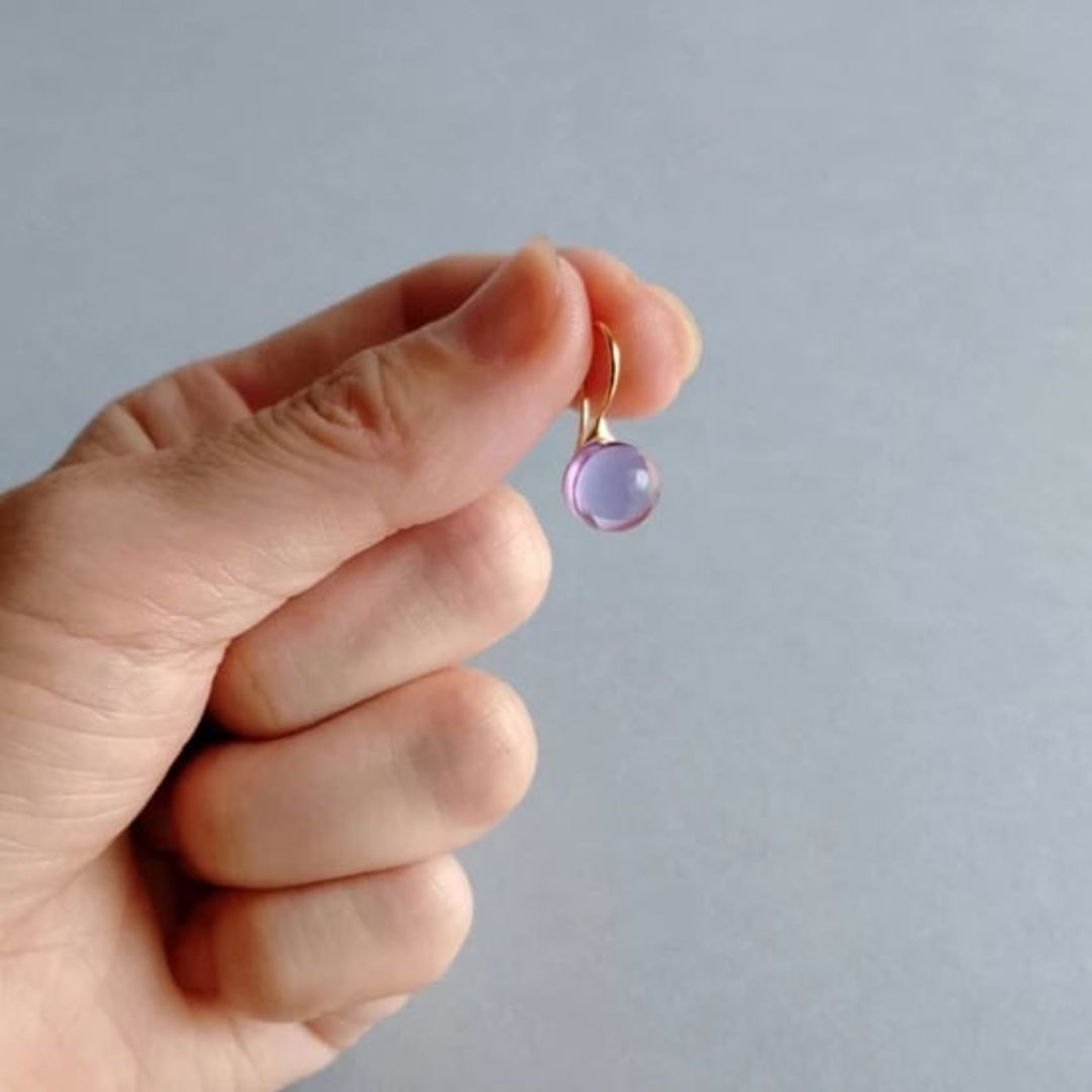 Japanese glass artist Handcrafted round glass drop earrings in lavender color made with 23K gold vermeil.