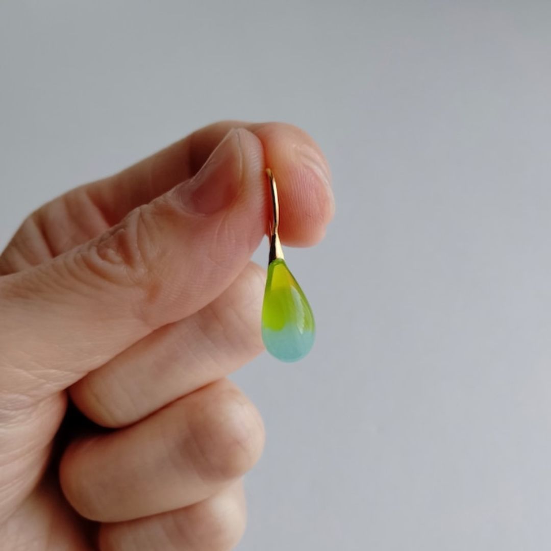 Hand made Glass Teardrop 23K Gold Vermeil Earrings Apple Green