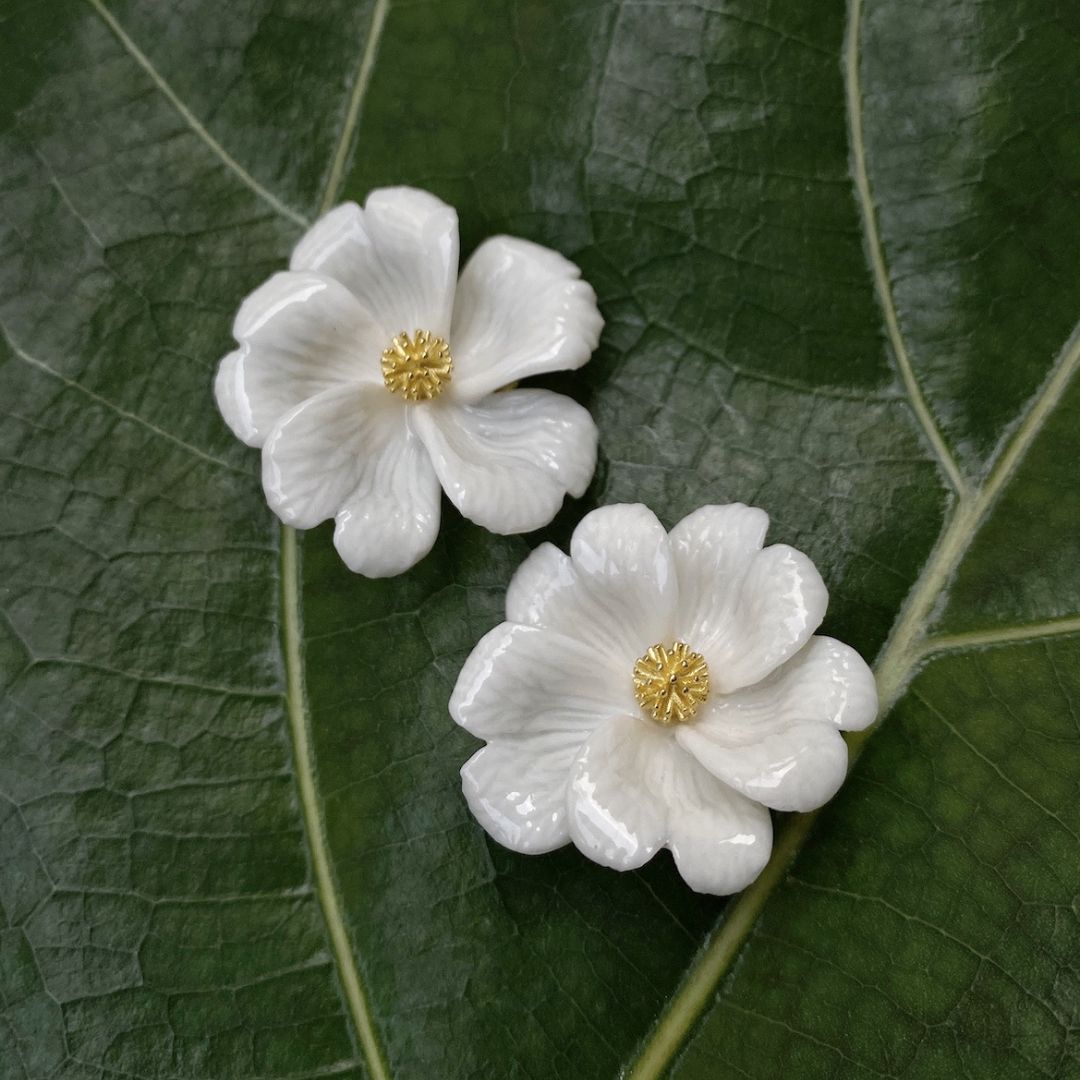 Handcrafted white Porcelain Floral Bridal statement earrings.
