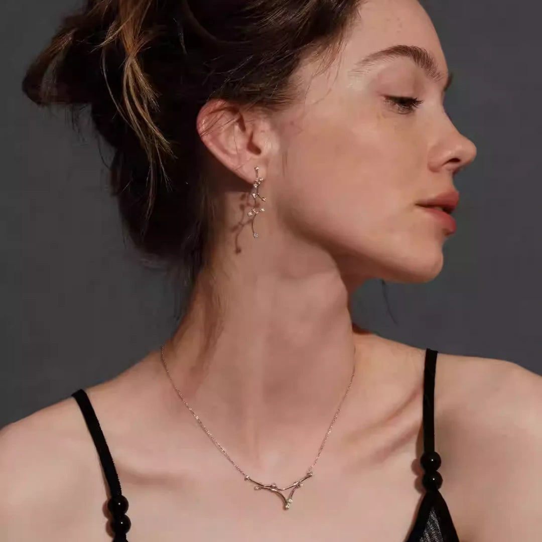 Close-up of a V-shaped vine bridal necklace made of S925 sterling silver with sparkling cubic zirconia, perfect for collarbone accentuation. 2