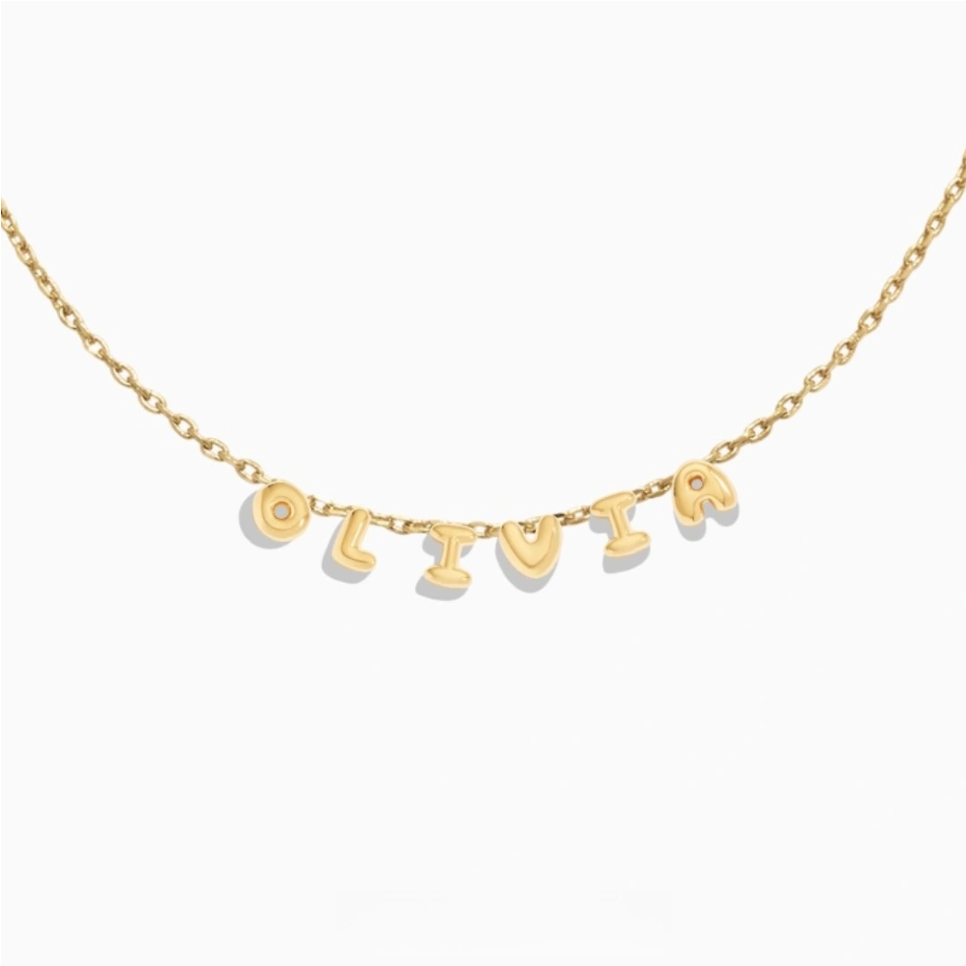 Customized mini 3D bubble letter necklace spelling CARL, personalized puffed name jewelry. 1