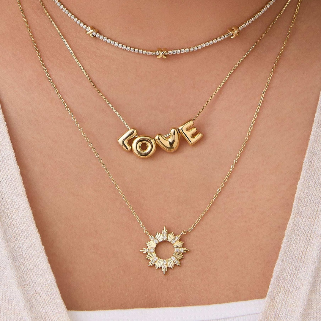 3 layered mini bubble letter pendants J and R, personalized gold jewelry for effortless layering.