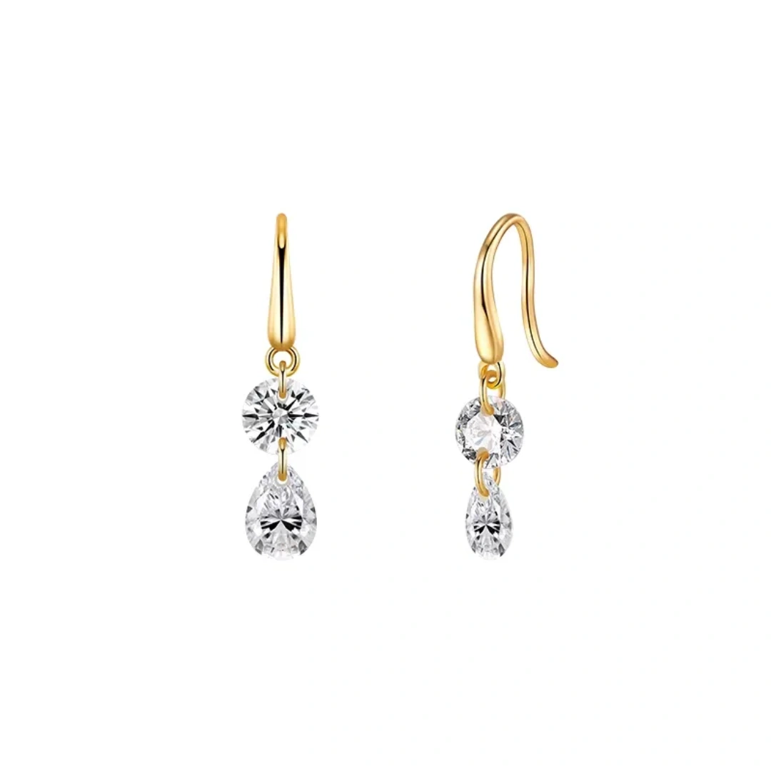 Pair of D color VVS1 pear-drop moissanite dangle earrings with round-cut studs on 18K gold plated hooks.