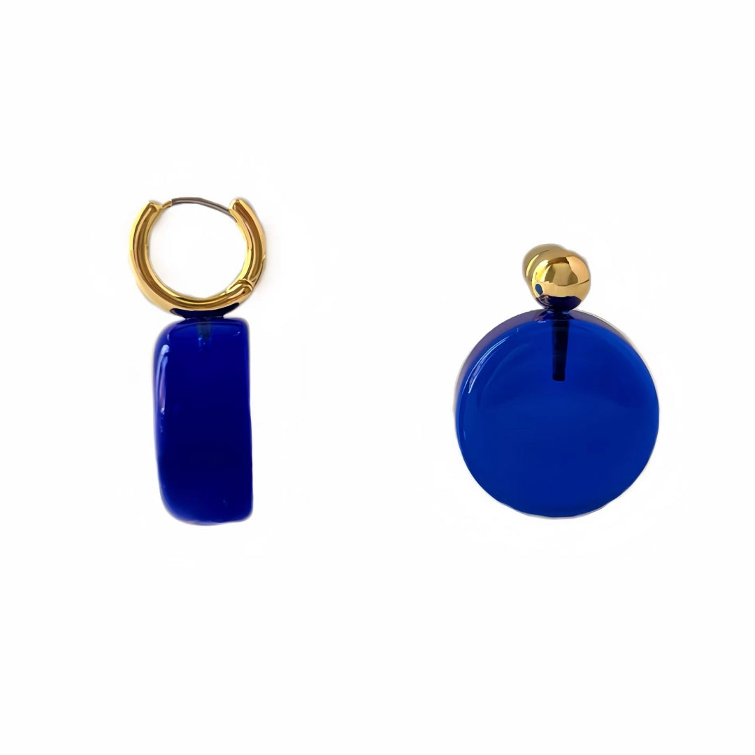 Front view of hypoallergenic blue glass hoop and stud earrings for sensitive ears.