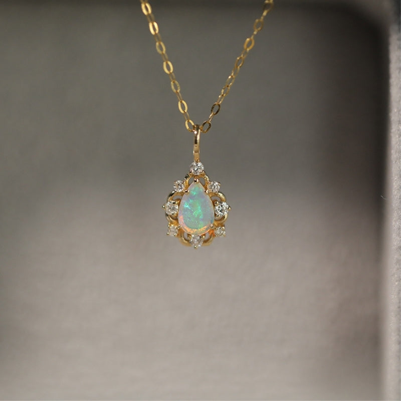 18K Solid Gold Necklace with 6 diamonds and genuine Australian Opal Gemstone Pendant Necklace