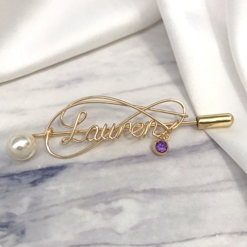 Personalized Wire Name Brooch With Birthstone - The Chubby Paw
