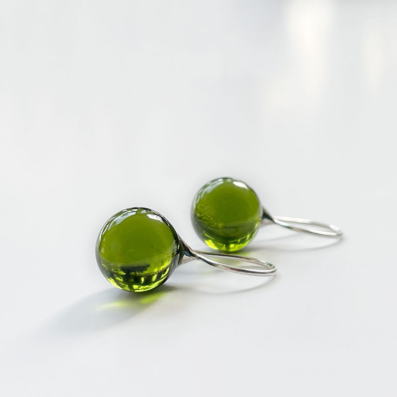 Japan Designer brand Knap handmade jewelry handcrafted glass stud earrings olive green.