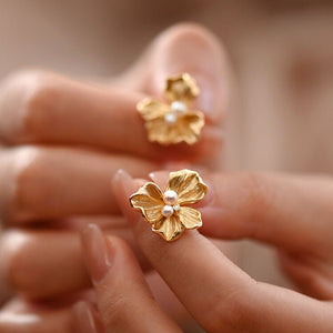 Gold Flower Freshwater Pearl Earrings, Statement Flower Stud Earrings, Bridesmaid Gift