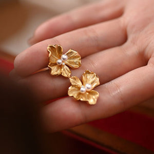 Gold Flower Freshwater Pearl Earrings, Statement Flower Stud Earrings, Bridesmaid Gift