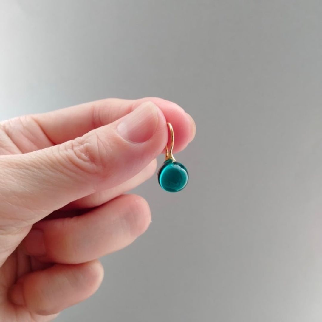 Japan Designer brand Knap handmade jewelry handcrafted glass stud earrings Emerald Green