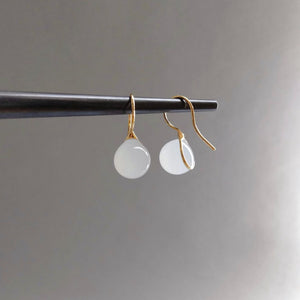 Japanese Artist Handcrafted Round Glass Drop Earrings in White made with 23K gold vermeil