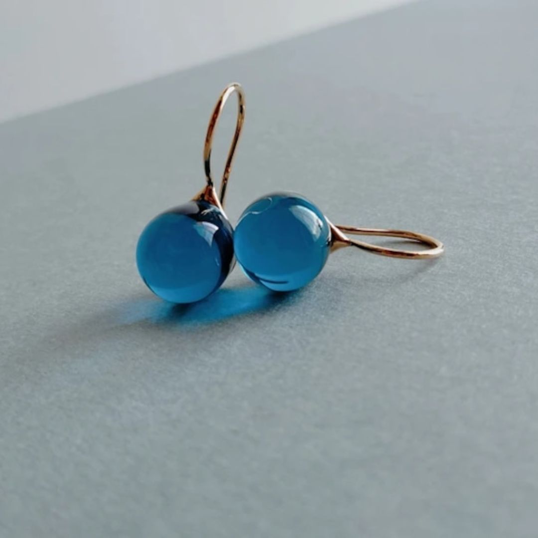 Japanese Artist Handcrafted Glass Round Dangling Earrings made with 23k Gold Vermeil in dream blue color