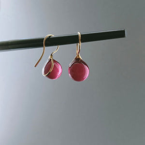 Japanese glass artist Handcrafted round glass drop earrings in fuchsia pink color made with 23K gold vermeil.