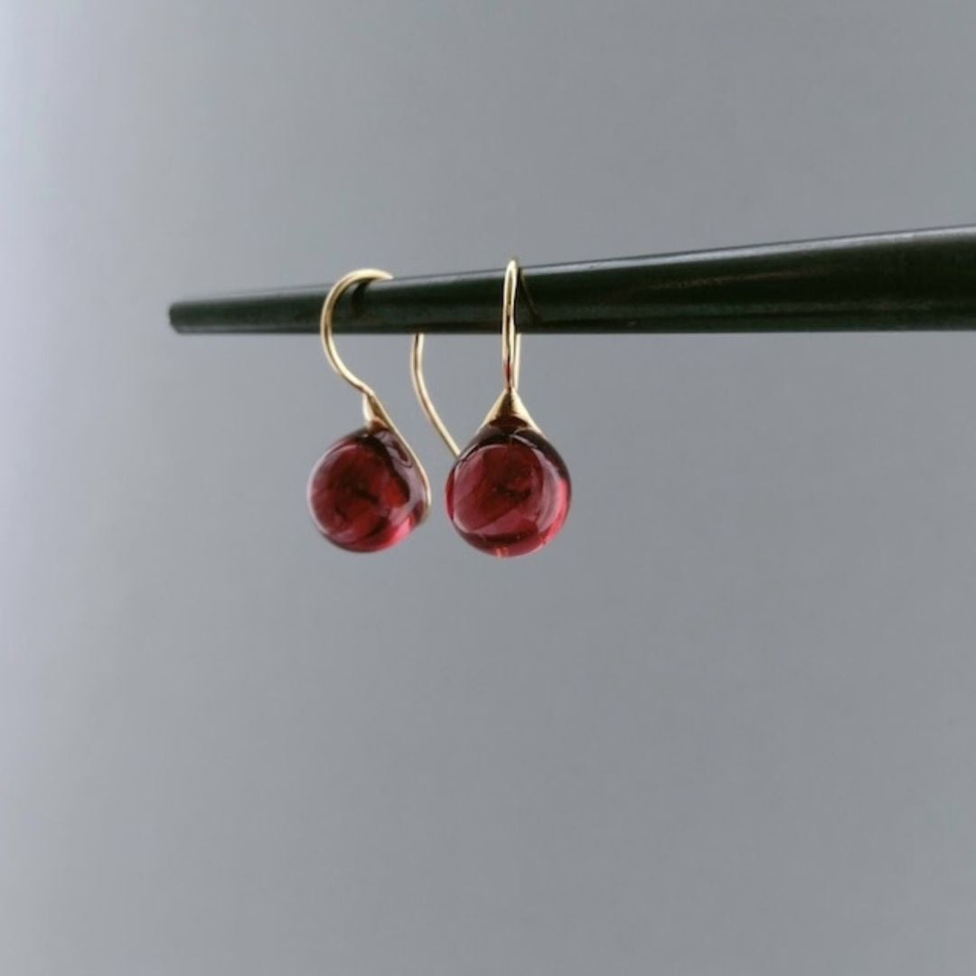 Japanese Artist Handcrafted Round Glass Drop Earrings in Marble Red