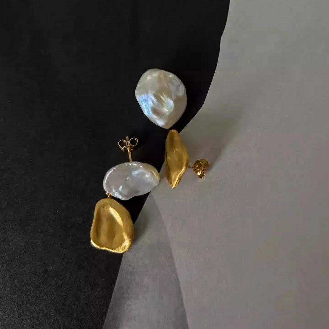 Natural Baroque Pearl Drop Earrings - S925 Silver 18K Gold Plated Studio Background 3