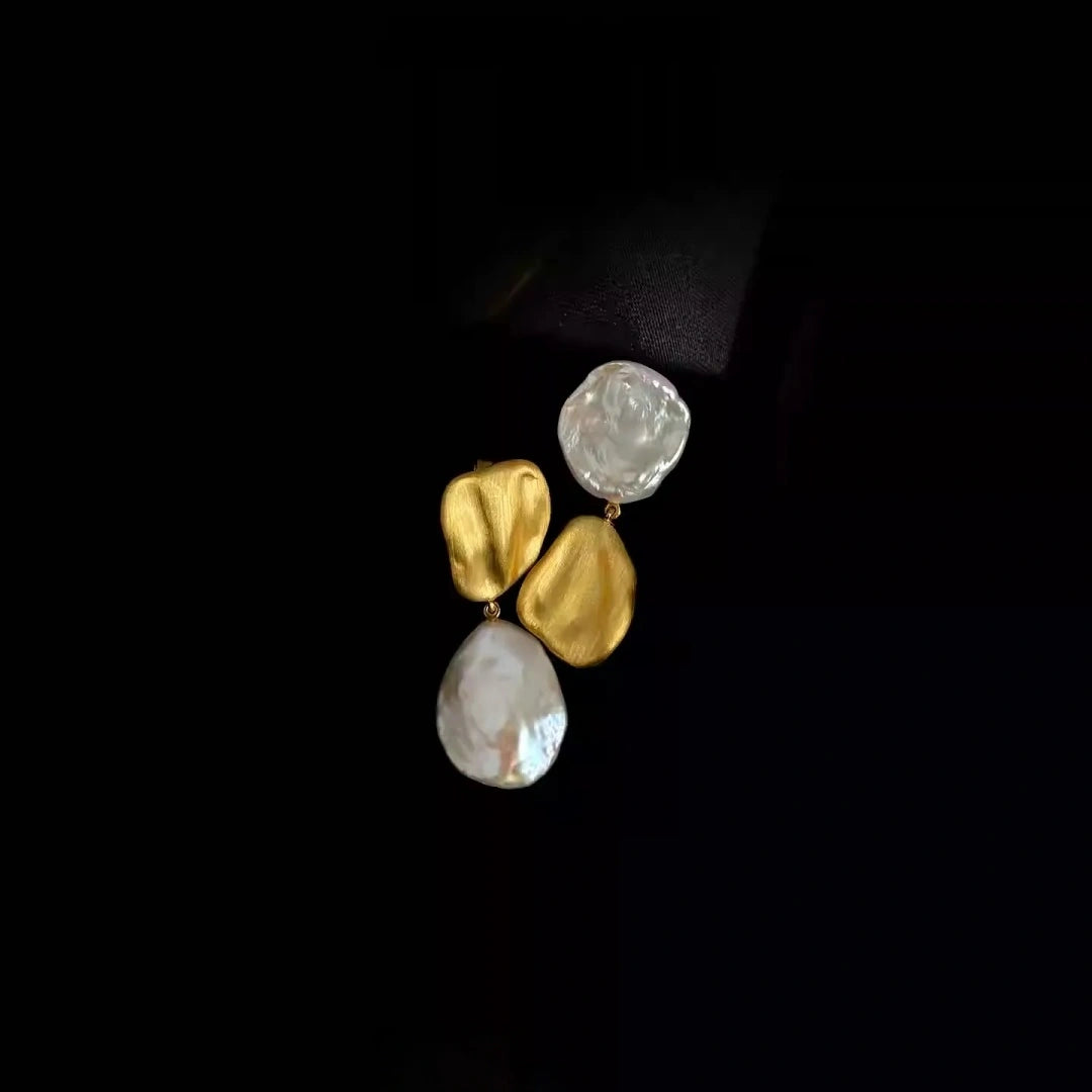 Natural Baroque Pearl Drop Earrings - S925 Silver 18K Gold Plated Studio black Background 4