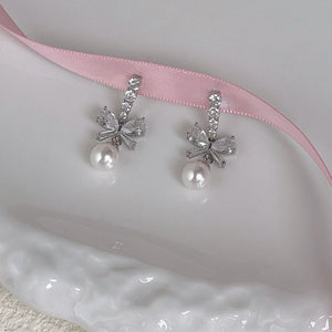 Dainty Petite Diamond Bow Earrings with Pearl 