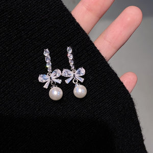 Dainty Petite Diamond Bow Earrings with Pearl 