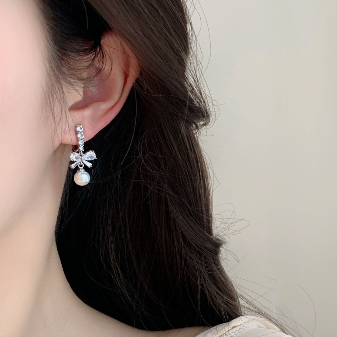 Dainty Petite Diamond Bow Earrings with Pearl 