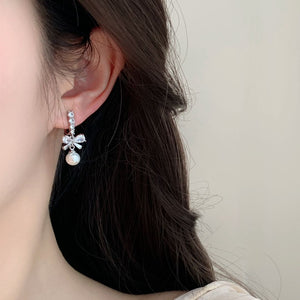 Dainty Petite Diamond Bow Earrings with Pearl 