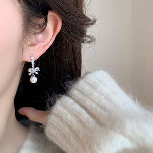 Dainty Petite Diamond Bow Earrings with Pearl 