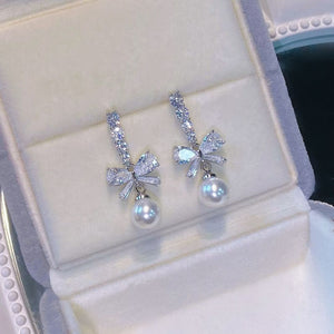 Dainty Petite Diamond Bow Earrings with Pearl 