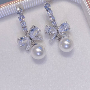 Dainty Petite Diamond Bow Earrings with Pearl 