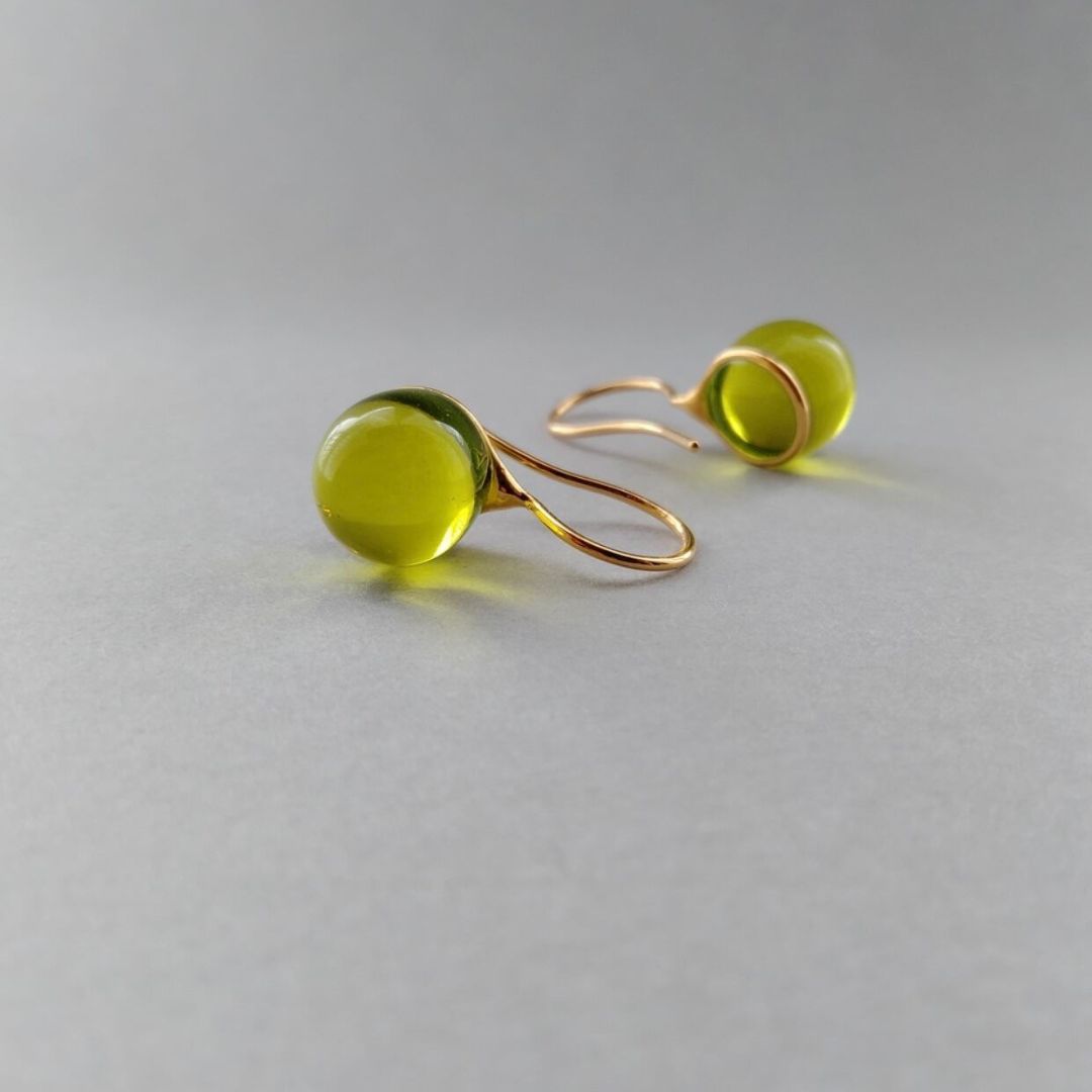 Japanese Artist Handcrafted Round Glass Drop Earrings in Lemon Yellow