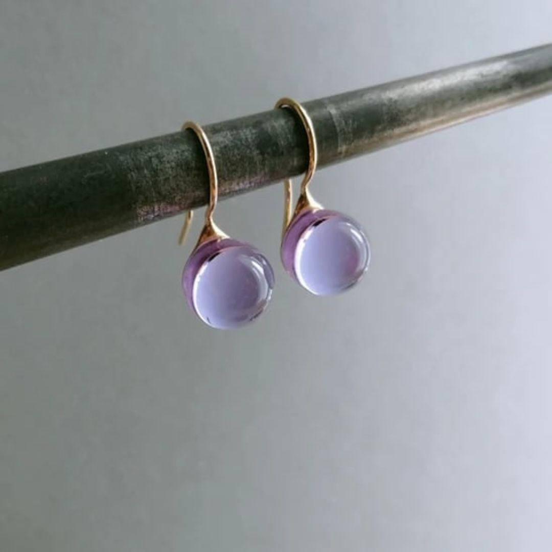 Japanese glass artist Handcrafted round glass drop earrings in lavender color made with 23K gold vermeil.