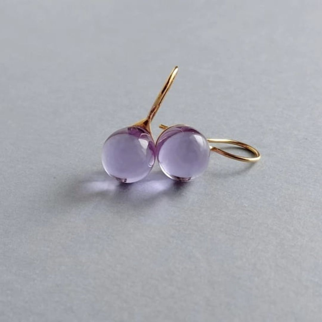 Japanese glass artist Handcrafted round glass drop earrings in lavender color made with 23K gold vermeil.