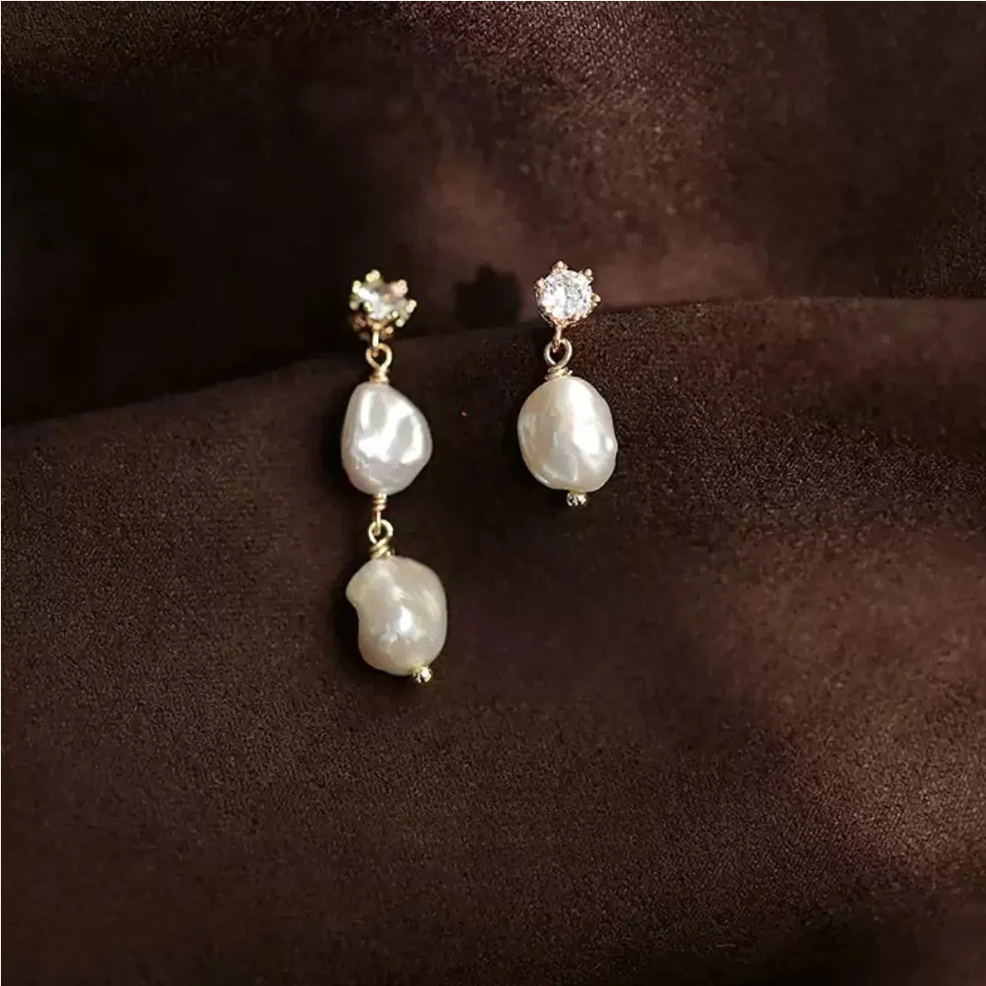 Vintage baroque freshwater pearl earrings featuring S925 silver needles and 14K gold crown setting with zircon - close-up-1