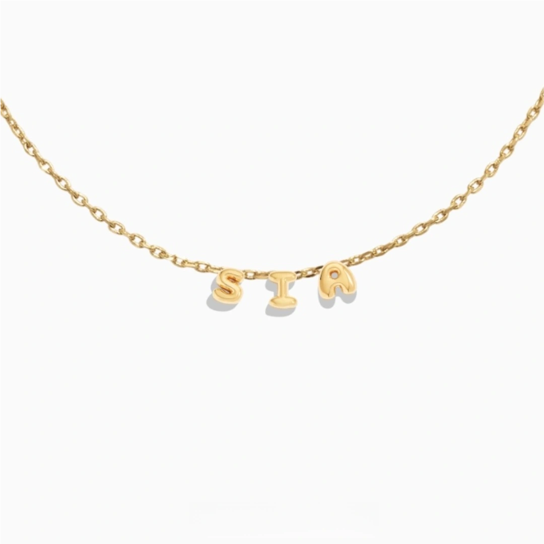 Customized mini 3D bubble letter necklace spelling CARL, personalized puffed name jewelry. 3