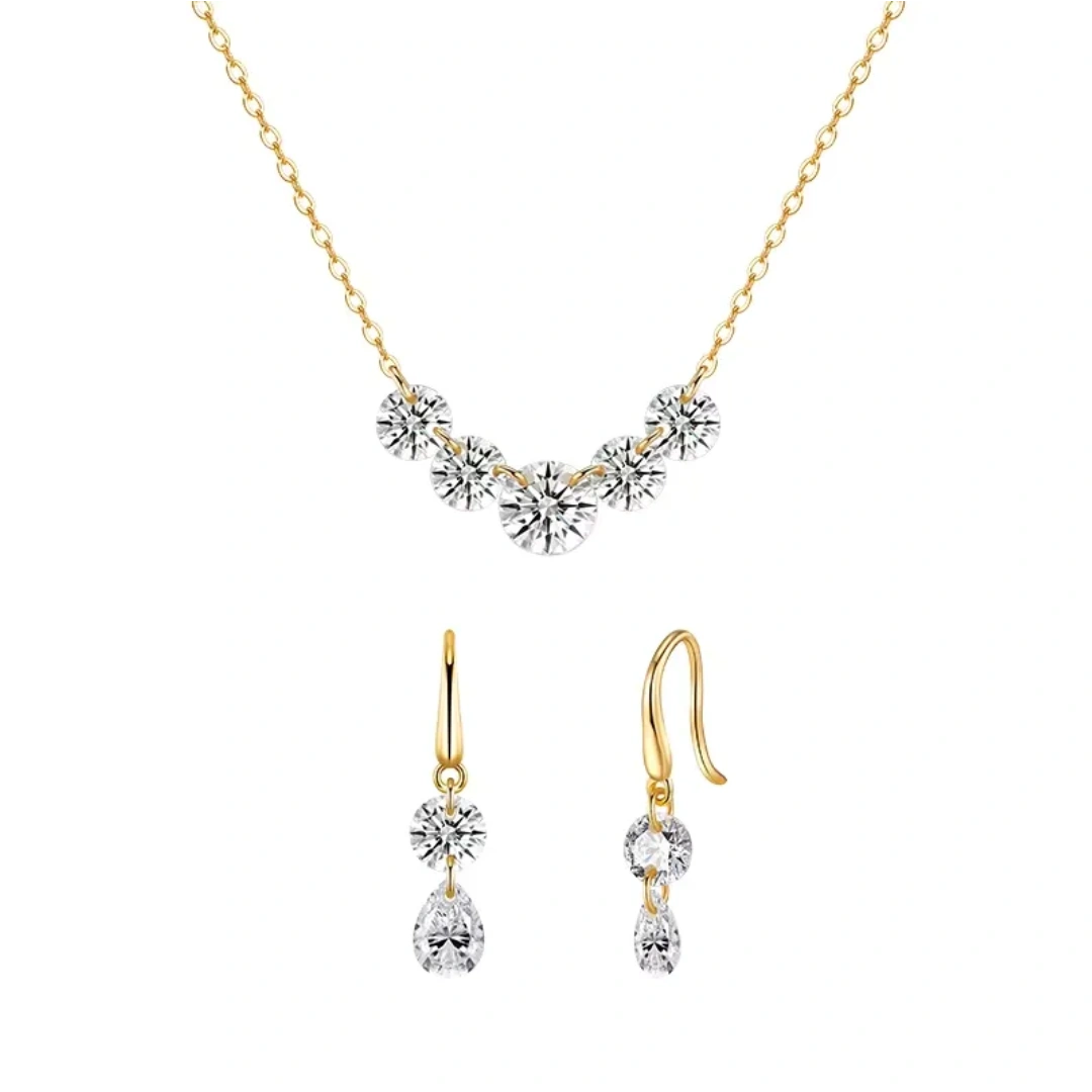 Complete 3-piece Moissanite wedding jewelry set featuring smile necklace and pear drop earrings in 18K gold plated S925 silver.