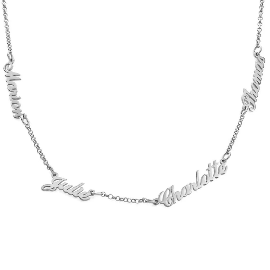 Multi-name floating necklace in sterling silver, personalized silver script jewelry on white background.