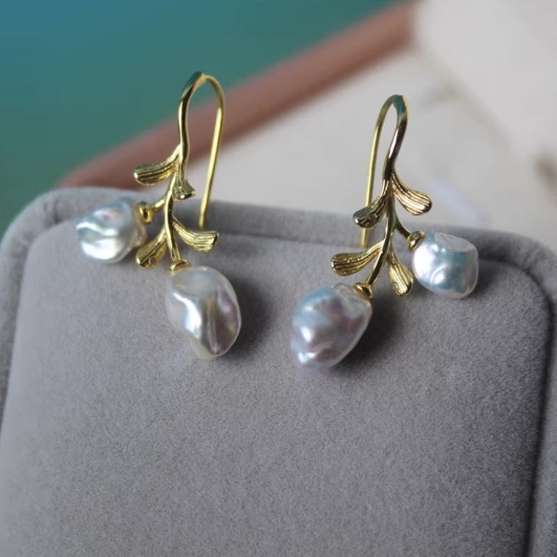 baroque pearl branch earrings showing 32.5mm height and S925 silver material.