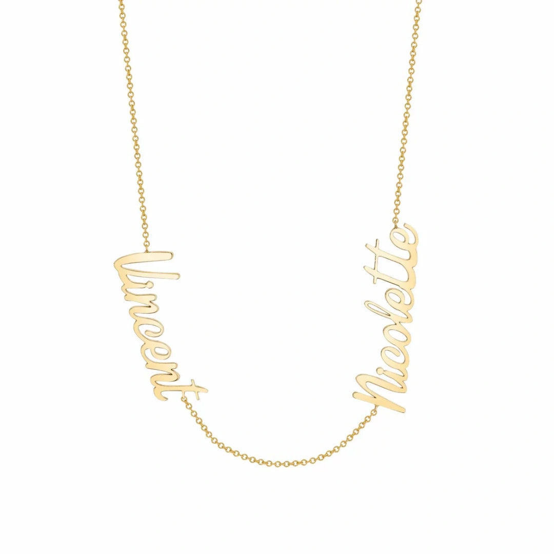 Custom name necklace in rose gold plating, 925 sterling silver personalized script jewelry on white background.