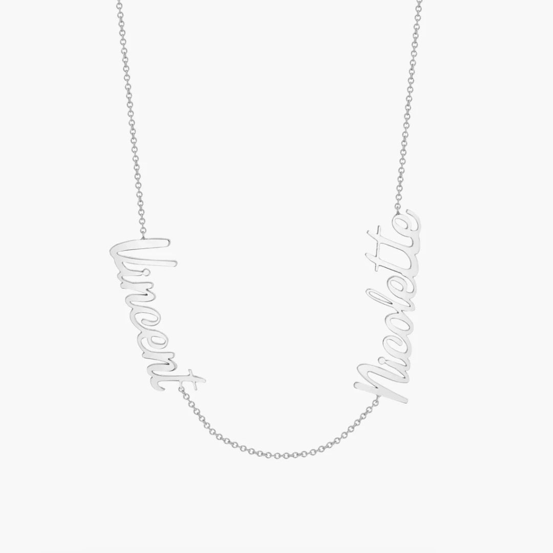 Custom 2 name pendant in 925 sterling silver, asymmetric floating design in polished silver finish.