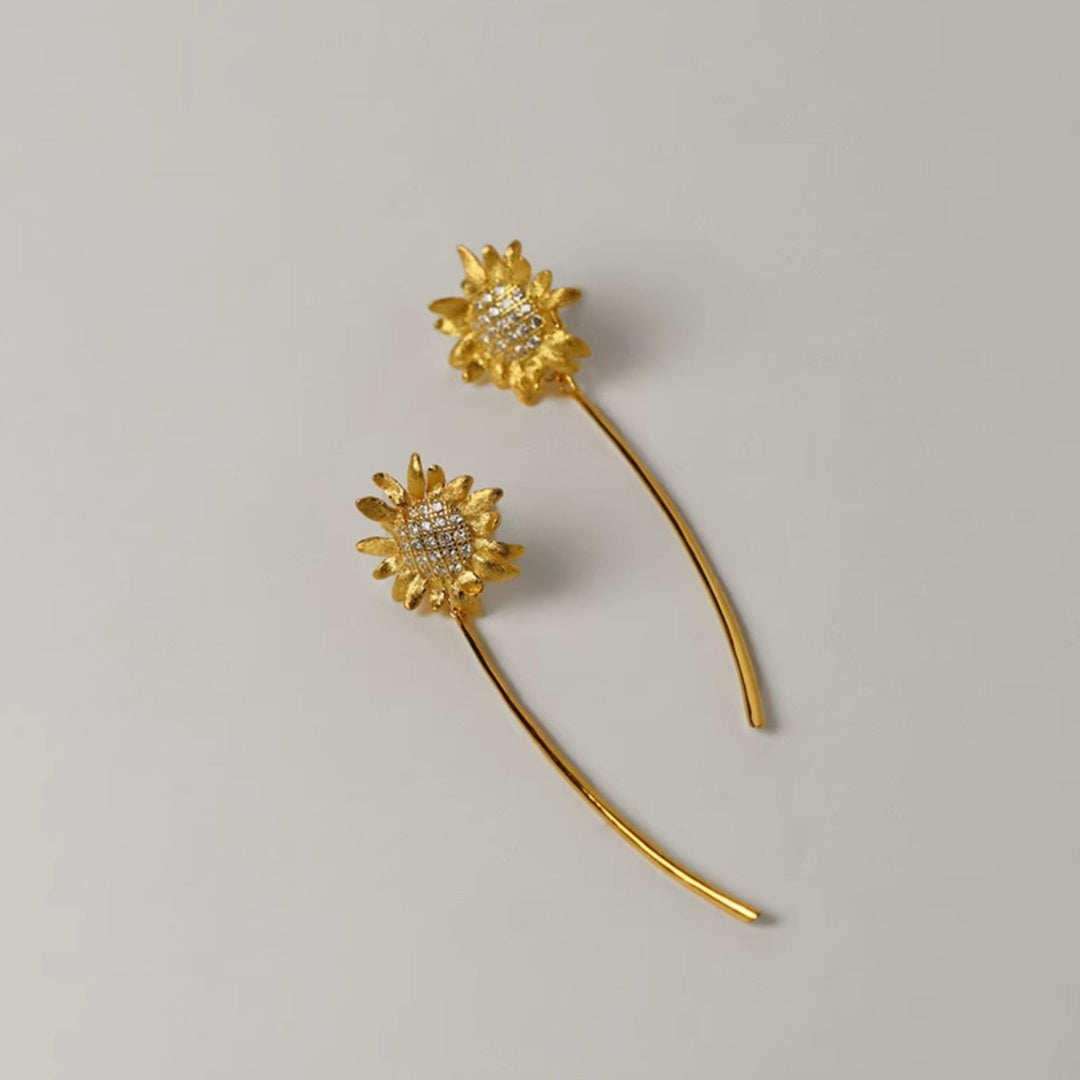 CZ Sunflower Earrings Sparkly Gold Plated S925 gold Close Up - close-up-1