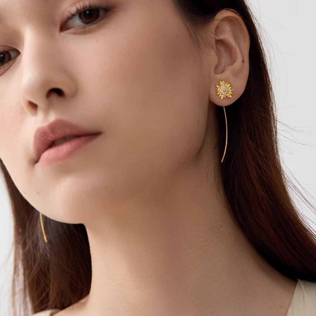 Sunflower Threader Earrings Dainty S925 Sterling goldModel Look - model-look-1