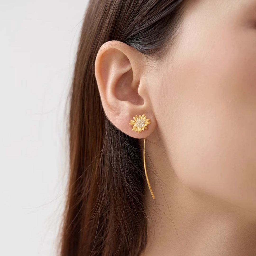 Sunflower Threader Earrings Dainty S925 Sterling goldModel Look - model-look-2