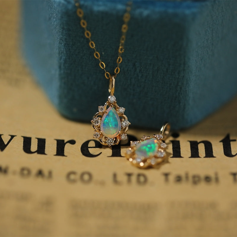 18K Solid Gold Necklace with 6 diamonds and genuine Australian Opal Gemstone Pendant Necklace