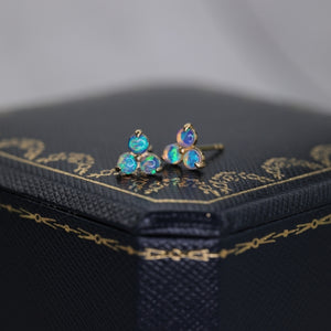 This pair of dainty stud earrings is made in solid 18K gold with genuine Australian opal gemstone, opal stone is October birth stone. 